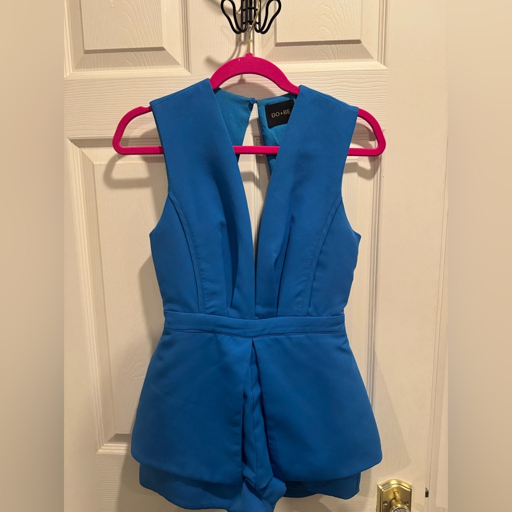Boutique Blue Deep V Romper with Cut-out Back!